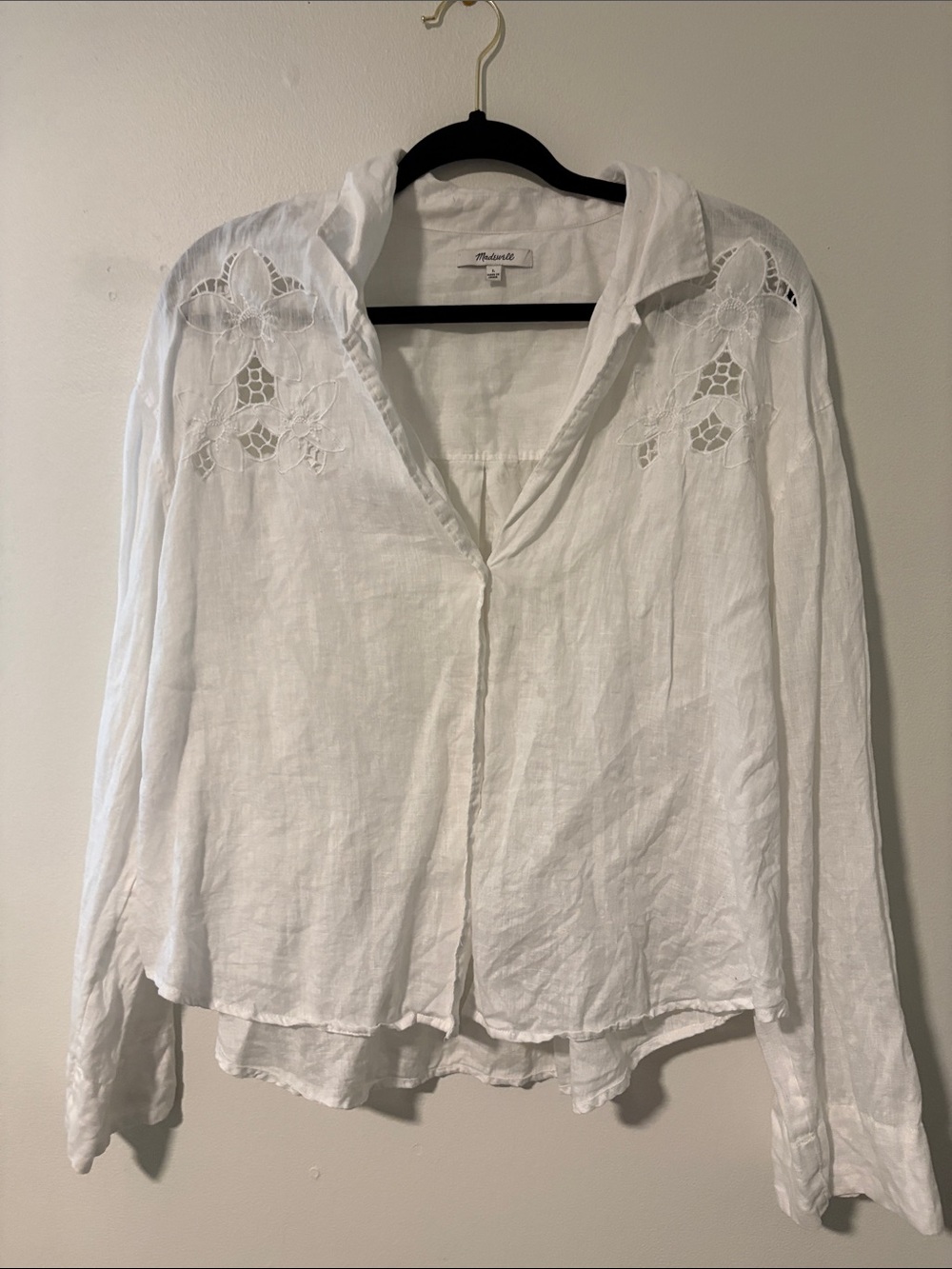 Madewell White Linen Eyelet-Detail V-Neck Blouse